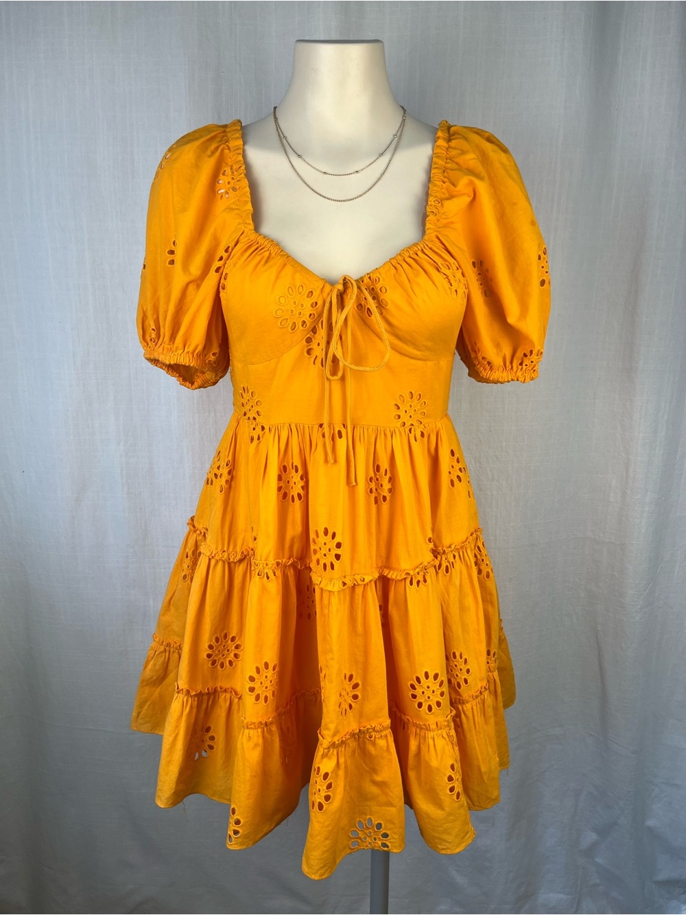 Zara Bright orange Eyelet Puff-Sleeve Tiered Mini Dress XS 🧡like new🧡